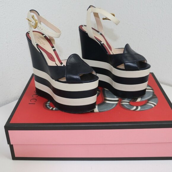 GUCCI BLU/MYSTIC WHITE ANKLE STRAP NAPPA CHARLOTTE WEDGES US 8.5 EU39 - Picture 13 of 15